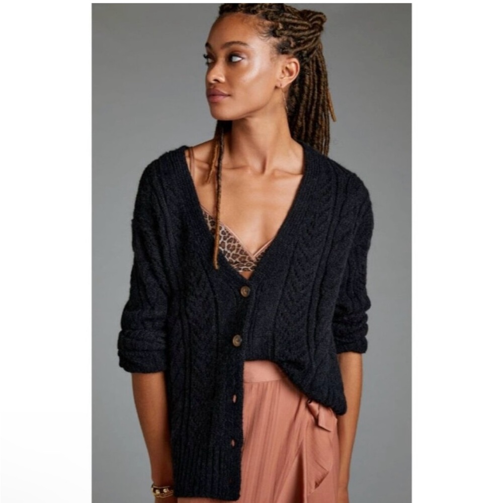 Anthropologie Classic Pointelle Cardigan Heathered Black Oversized Chunky Knit L